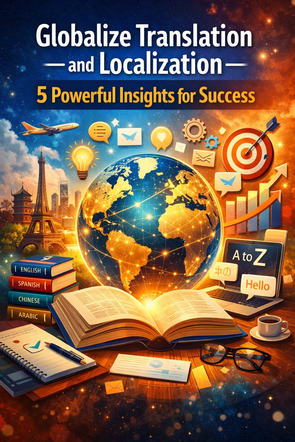 Globalize Translation and Localization: 5 key insights illustrated with globe, books, and language icons.