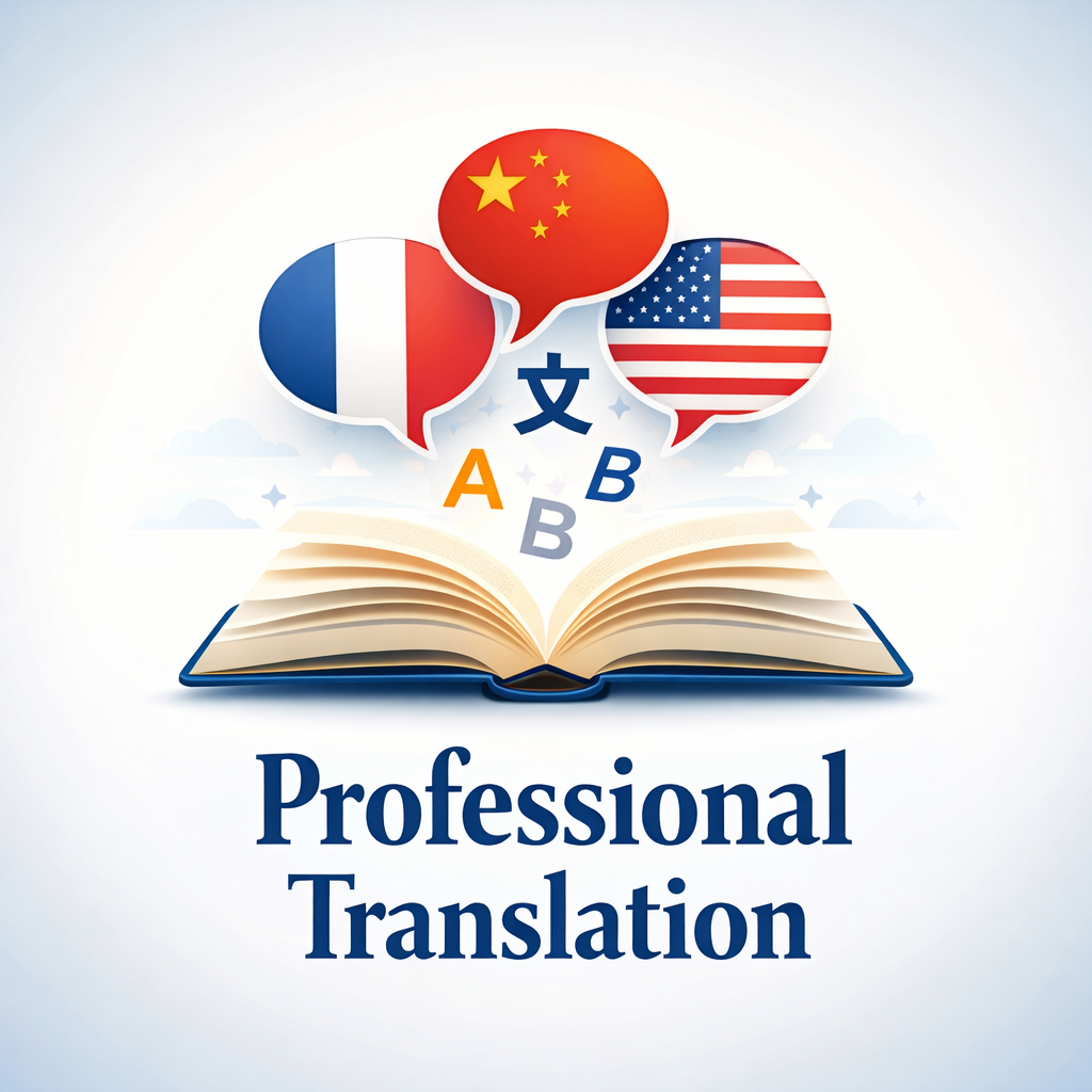 Professional Translation banner showing an open book with speech bubbles and flags representing different languages