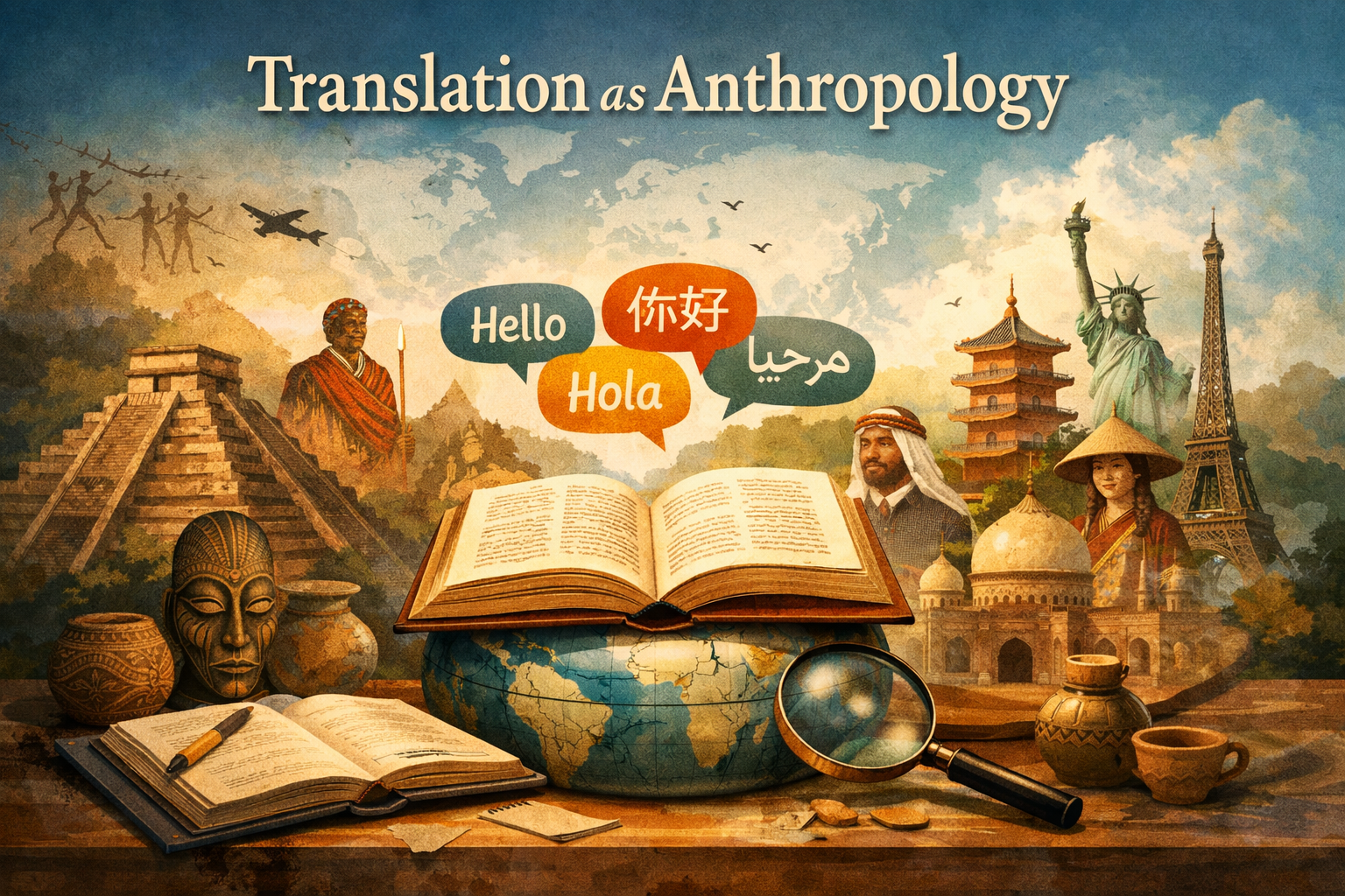 Translation as Anthropology banner with open book, globe, and global language icons.